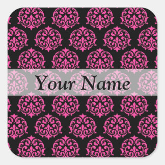 Hete roze en zwarte damast vierkante sticker