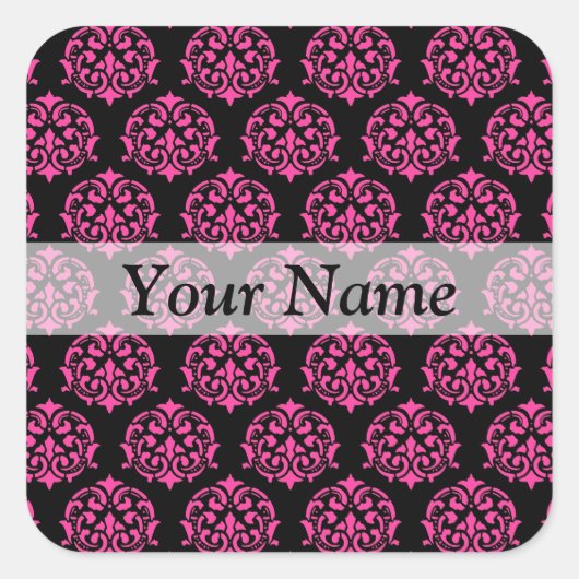 Hete roze en zwarte damast vierkante sticker (Voorkant)