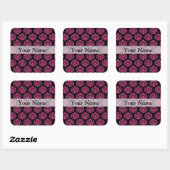 Hete roze en zwarte damast vierkante sticker (Vel)