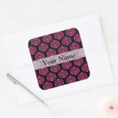Hete roze en zwarte damast vierkante sticker (Envelop)