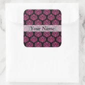 Hete roze en zwarte damast vierkante sticker (Tas)