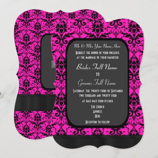 Hete roze en zwarte dwergbruiloft kaart (Voorkant / Achterkant)