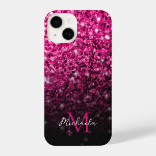 Hete roze faux glitter schittert bling Monogram iPhone 14 Hoesje