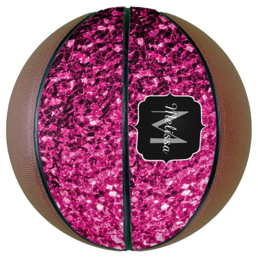 Hete roze faux glitter sparkle Monogram naam Basketbal (Verticaal)
