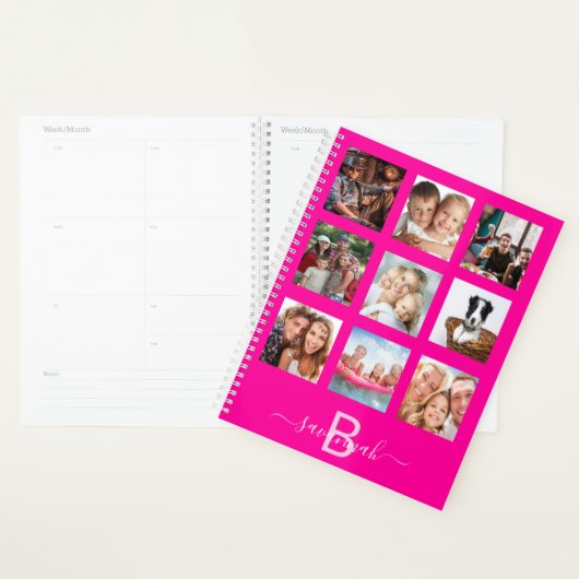 Hete roze foto collage monogram naam 2026 planner (Display)