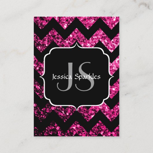 Hete roze glitter schittert zwart Chevron Monogram Visitekaartje (Achterkant)