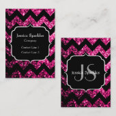 Hete roze glitter schittert zwart Chevron Monogram Visitekaartje (Voorkant / Achterkant)