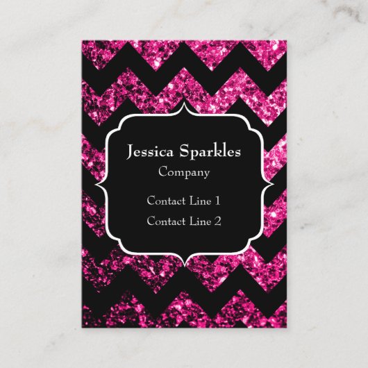 Hete roze glitter schittert zwart Chevron Monogram Visitekaartje (Voorkant)