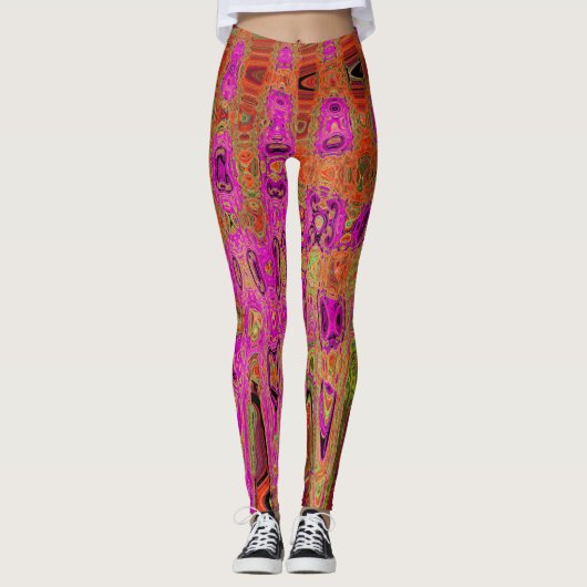 Hete Roze Groovy Abstracte Retro Atoomgolven Leggings (Voorkant)