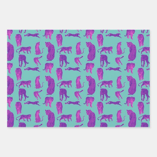 Hete Roze Grote Katten in Neon Sinaasappel & Blauw Inpakpapier Vel (Voorkant)