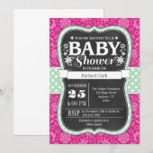 Hete roze karton Floral Baby shower uitnodigen Kaart (Voorkant / Achterkant)