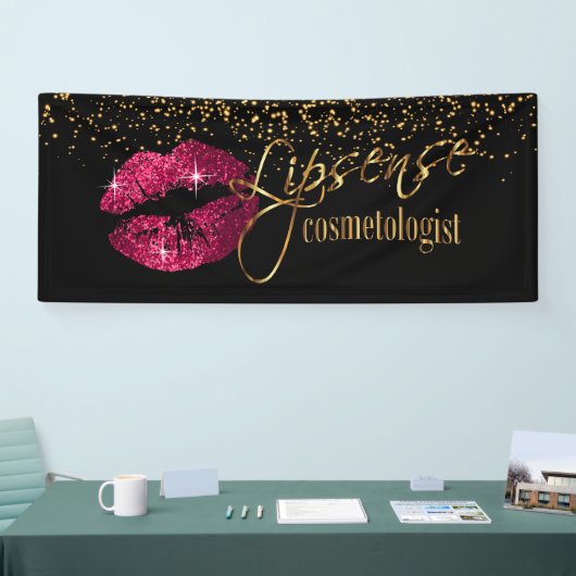 Hete roze lippen met gouden glitter Confetti Spandoek (Beurs)