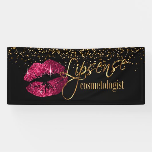 Hete roze lippen met gouden glitter Confetti Spandoek (Horizontaal)