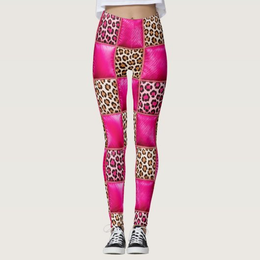 Hete Roze Luipaardprint Patchwork Leggings (Voorkant)