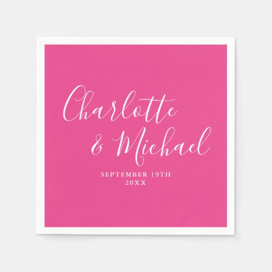 Hete Roze Moderne Elegante Handtekening Huwelijk Servet (Voorkant)