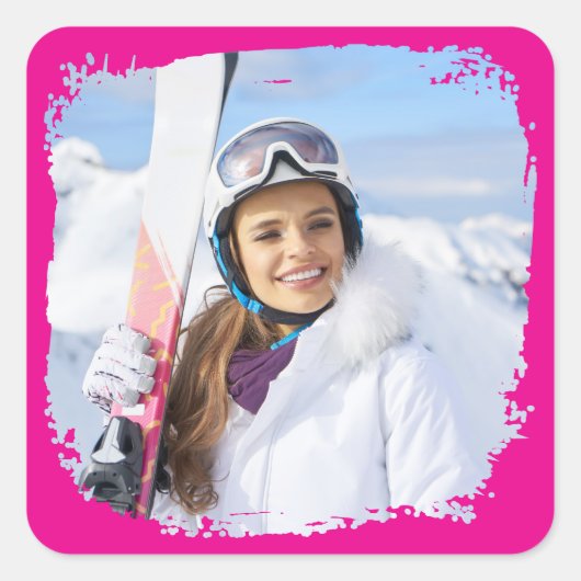 Hete Roze Moderne Grunge Border Foto Vierkante Sticker (Voorkant)