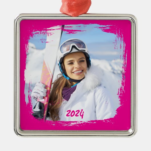 Hete Roze Moderne Grunge Grensfoto Jaar Metalen Ornament (Voorkant)