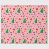 Hete Roze Moderne Kerstboom En Dingen Cadeaupapier (Vlak)