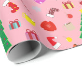Hete Roze Moderne Kerstboom En Dingen Cadeaupapier (Rol Hoek)