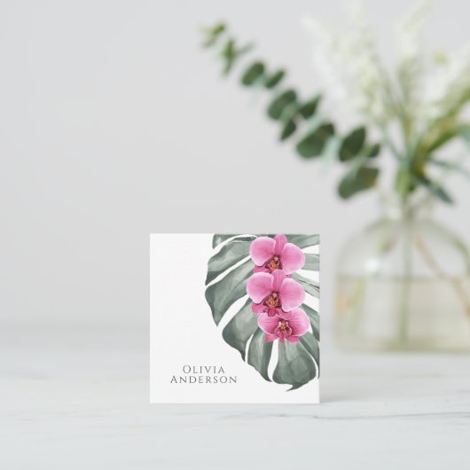 Hete Roze Orchideeën op Monstera Tropische Botanis Vierkante Visitekaartje (Staand voorkant)