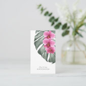 Hete Roze Orchideeën op Monstera Tropische Botanis Visitekaartje (Staand voorkant)