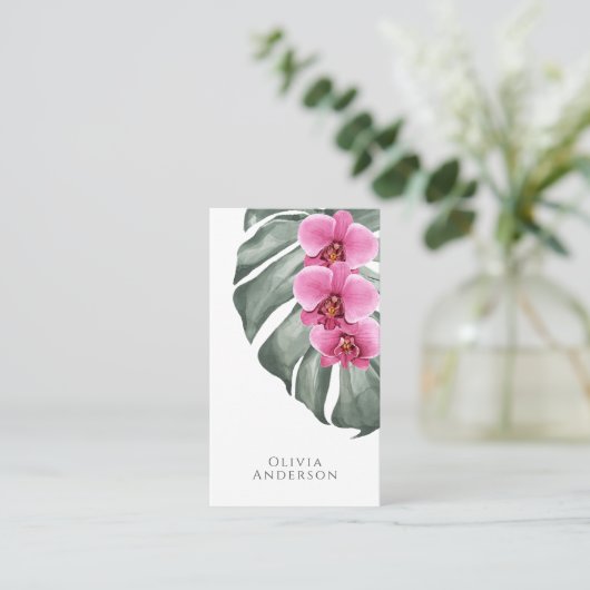Hete Roze Orchideeën op Monstera Tropische Botanis Visitekaartje (Staand voorkant)