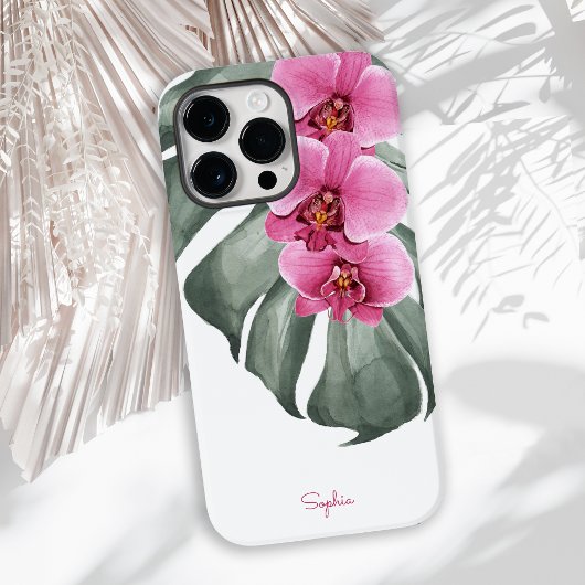 Hete roze orchideeën tropische flora met Jouw naam Case-Mate iPhone Case