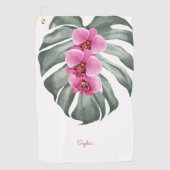 Hete roze orchideeën tropische flora met Jouw naam Golfhanddoek (Voorkant)