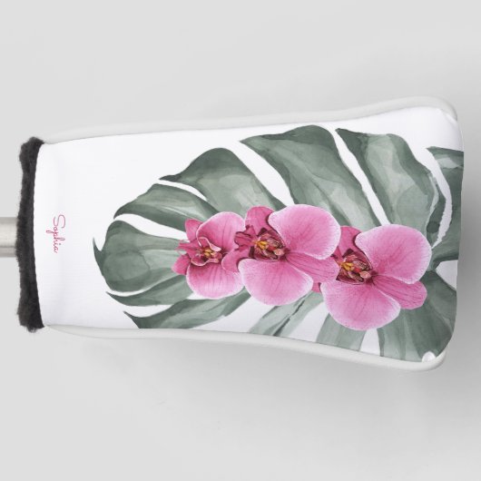 Hete roze orchideeën tropische flora met Jouw naam Golfheadcover (Voorkant)