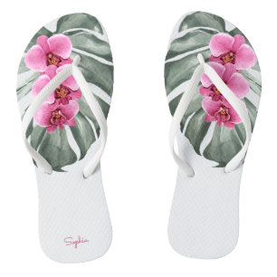 Hete roze orchideeën tropische flora met Jouw naam Teenslippers