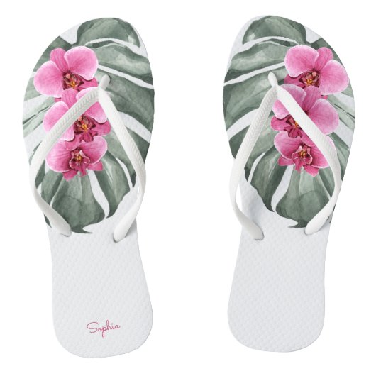 Hete roze orchideeën tropische flora met Jouw naam Teenslippers (Voetbed)