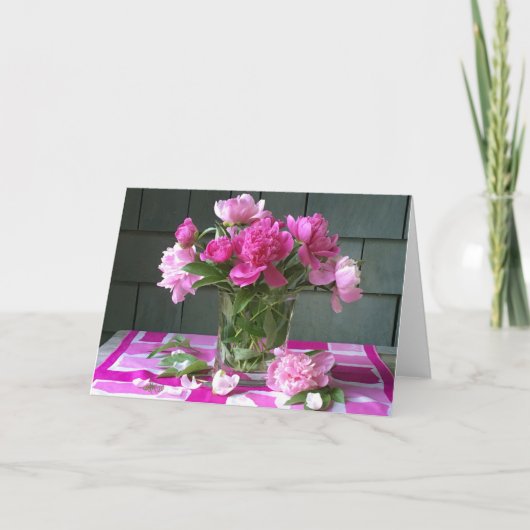 Hete roze pioenrozen op  zijden sjaal feestdagen kaart (Voorkant)