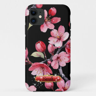 Hete Roze Rode Kersenbloesems Zwarte Achtergrond Case-Mate iPhone Case