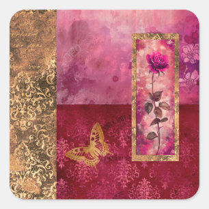 Hete roze roos grunge stijl bloemen vierkante sticker