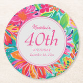 Hete Roze Sinaasappels Waterverf Bloemen 40e Verja Ronde Kartonnen Onderzetter (Voorkant)