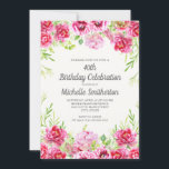 Hete Roze Waterverf Bloemengroen 40e verjaardag Kaart<br><div class="desc">Heldere hete roze waterverf bloemen en groen 40e verjaardagsfeestuitnodiging. Neem contact met mij op voor hulp bij uw aanpassingen of om aanvullende matching- of coördinerende Zazzle-producten voor uw feest aan te vragen.</div>