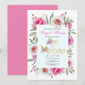 Hete roze waterverf bloemetjes bloemetjes Bat Mitz Kaart (Voorkant / Achterkant)