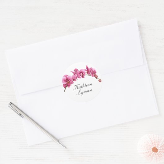 Hete Roze Waterverf Orchideeën Tropisch met Naam Ronde Sticker (Envelop)