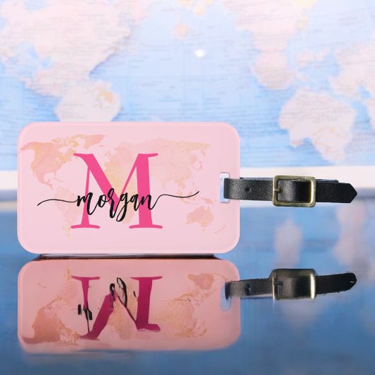 Hete Roze Wereld Reiziger Kaart Monogram Naam Bagagelabel