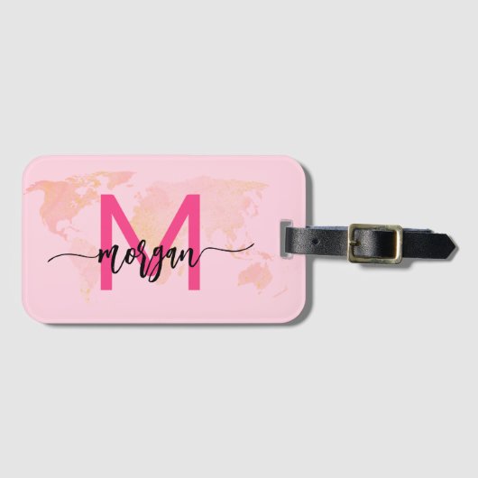 Hete Roze Wereld Reiziger Kaart Monogram Naam Bagagelabel (Voorkant (horizontaal))