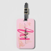 Hete Roze Wereld Reiziger Kaart Monogram Naam Bagagelabel (Voorkant (verticaal))