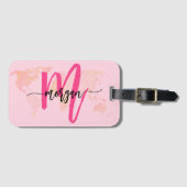 Hete Roze Wereld Reiziger Kaart Monogram Naam Bagagelabel (Voorkant (horizontaal))