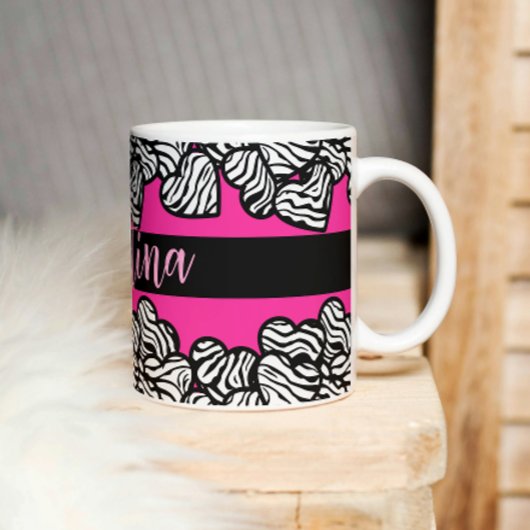 Hete roze zwart-witte zebra patroon hartnaam koffiemok