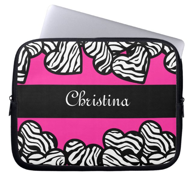 Hete roze zwart-witte zebra patroon hartnaam laptop sleeve (Voorkant)