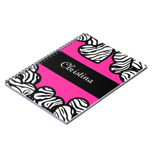 Hete roze zwart-witte zebra patroon hartnaam notitieboek (Linkerzijde)