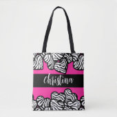 Hete roze zwart-witte zebra patroon hartnaam tote bag (Voorkant)