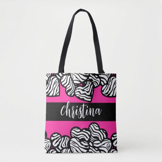 Hete roze zwart-witte zebra patroon hartnaam tote bag (Voorkant)