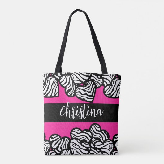 Hete roze zwart-witte zebra patroon hartnaam tote bag (Achterkant)