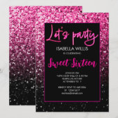 Hete roze zwarte sprankelingen Sweet 16 neon laat  Kaart (Voorkant / Achterkant)