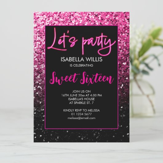 Hete roze zwarte sprankelingen Sweet 16 neon laat  Kaart (Staand voorkant)